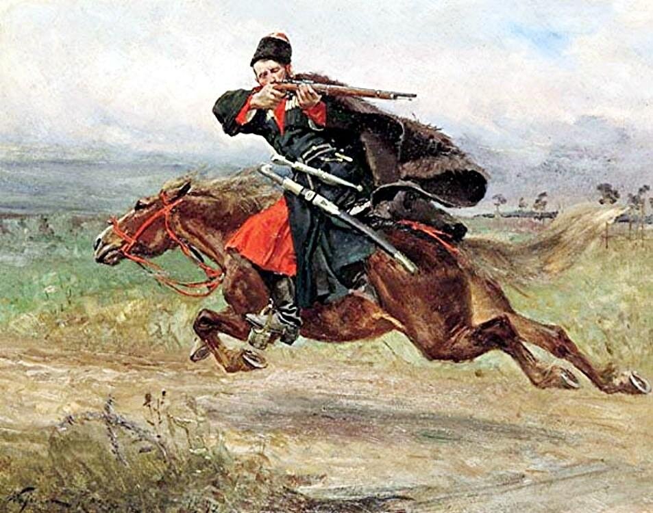 Illustration d’un cosaque du XVIIIe siècle à cheval, armé d’un fusil